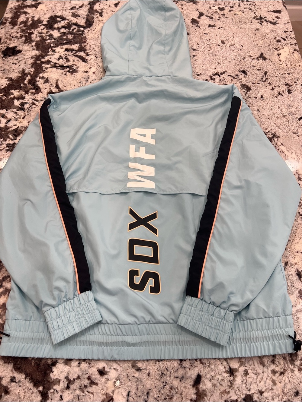 Light Blue Hooded Windbreaker Jacket with Graphic Back and Contrast Stripes